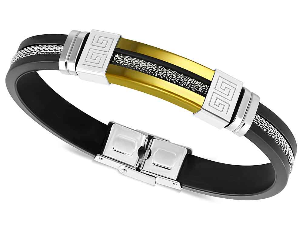 Armband i stål och gummi. Bredd cirka 13 mm, längd cirka 21 cm.