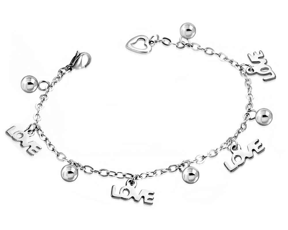 Armband med text, "LOVE" och hjärta.