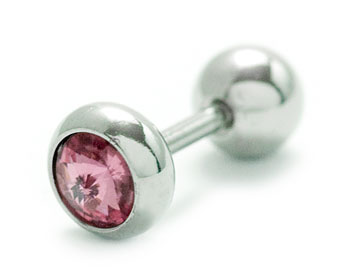 Rosa öronpiercing. Tjocklek cirka 1.2 mm, längd cirka 6 mm.